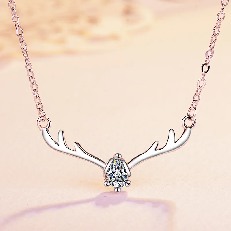100% 925 sterling silver hot sell Christmas elk deer crystal women short chain necklaces female jewelry birthday gift | Украшения и