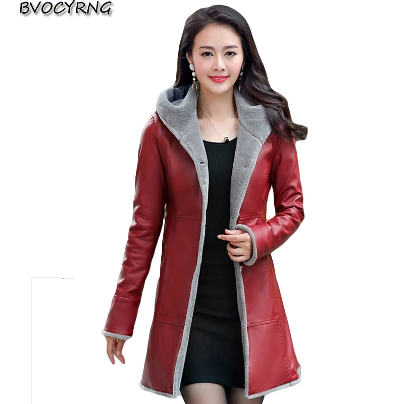 

New Winter Plus Size Leather Jacket Women Hooded Pu Jacket Thick Warm Leather Coat Slim Female Medium Style Women's Coats A0041