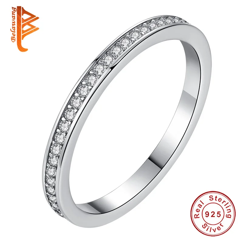 

BELAWANG Genuine 100% 925 Sterling Silver Clear CZ Crystal Round Pave Finger Rings Engagement Wedding Luxury Jewelry Gift