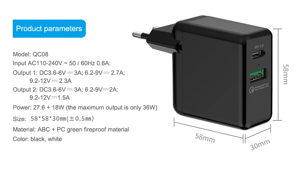 Usb type C PD зарядка 36 Вт с двумя портами, портативная зарядка QC 3,0, настенное зарядное устройство 18 Вт для iPhone X/XR/XS Max, iPad Pro, huawei