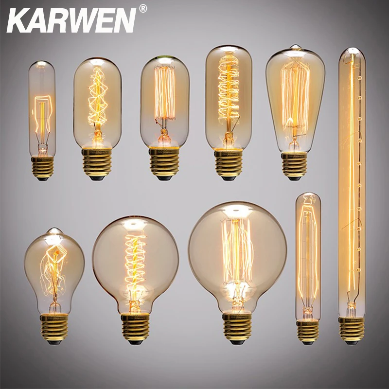 Edison Bulb E27 Incandescent Retro Lamp 40W 220V ST64 A19 T45 T10 G80 G95 Antique Vintage Bulb Edison Lamp filament Light bulb