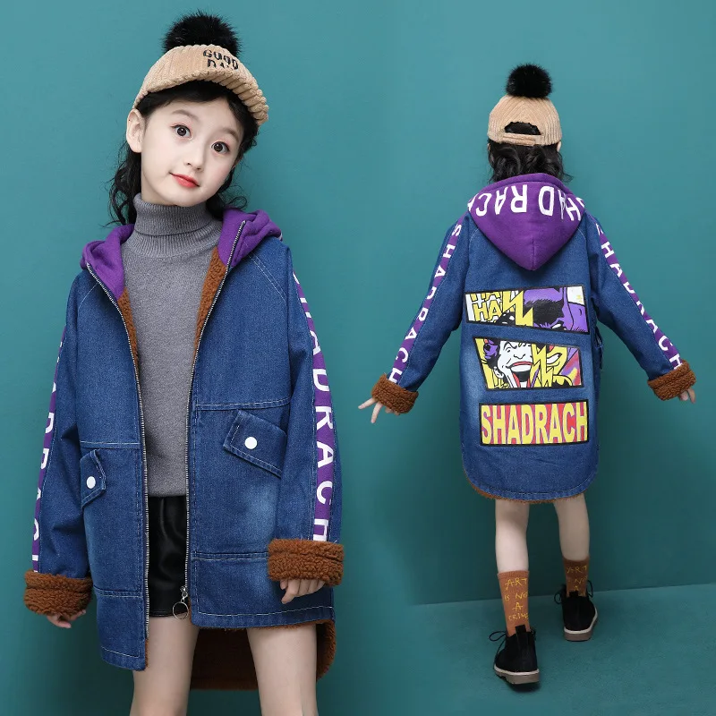 

Girls Winter Autumn Denim Jean Long Sleeve Hooded Mid-long Warm Fleece Coats Fashion Cowboys Letters Pattern Windbreak Jacket