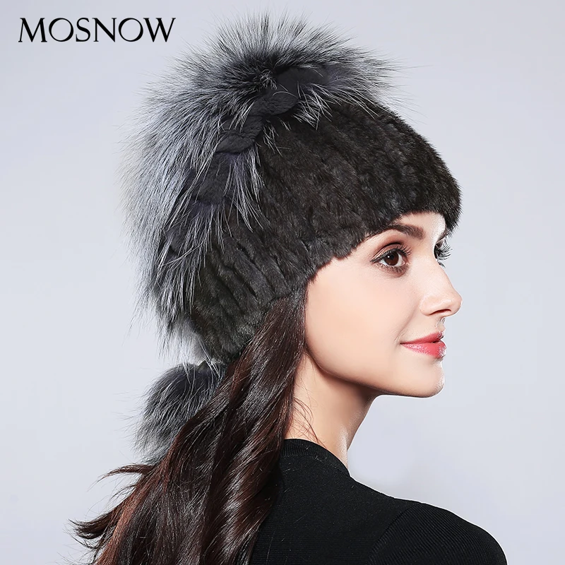 На зимнем меху Шапки Girls'Hat класса люкс из натурального меха норки, Для женщин черно-бурой лисицы с бубоном, новинка модная зимняя обувь на высоком каблуке качественный капот шапки
