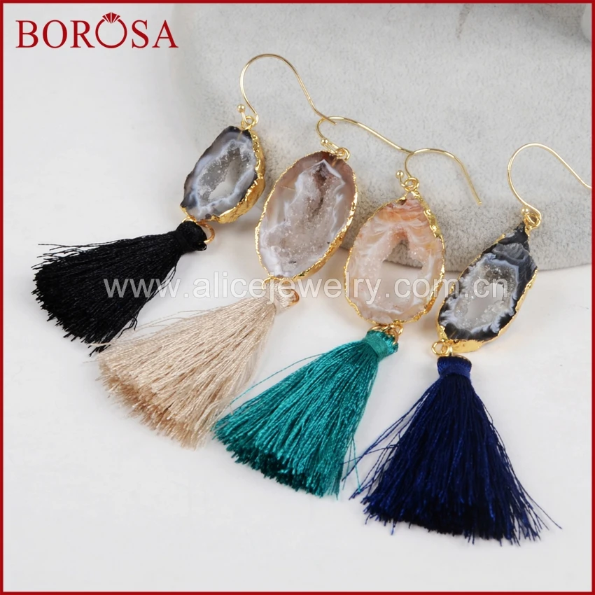 

BOROSA Gold Color Natural Druzy Slice Rainbow Tassel Earrings, Mix Colors Handcrafted Tassel Drop/Dangle Earrings G1235