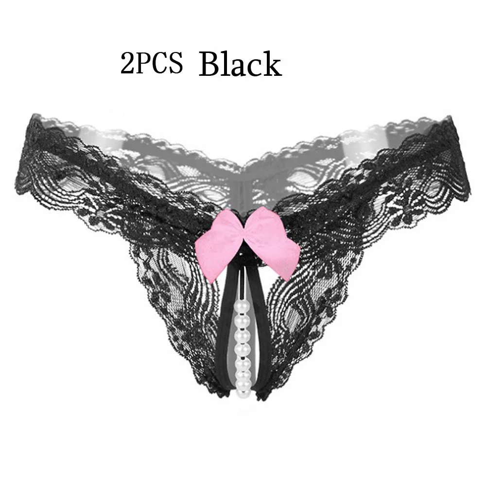 2PCS black Высококачественные сексуальные женские стринги, женские трусики с жемчужинами, кружевной бант, Эротические трусики, Прозрачное нижнее белье - Цвет: 2PCS black