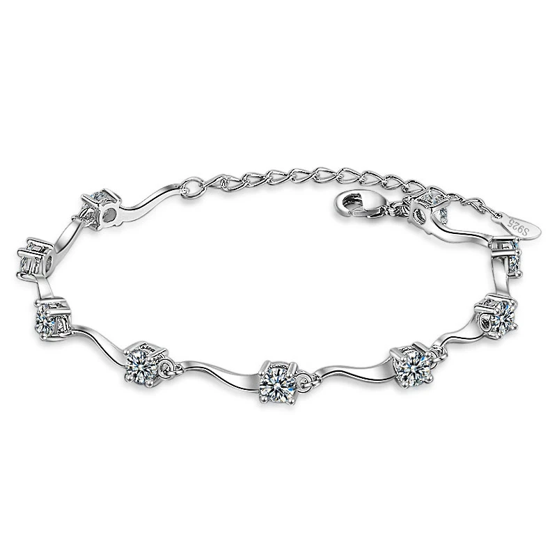 platinum plated Роскошные браслеты из стерлингового серебра 925 пробы для женщин, модная волнистая цепочка с четырьмя когтями, циркониевые Кристальные браслеты и браслеты, ювелирные изделия - Окраска металла: platinum plated