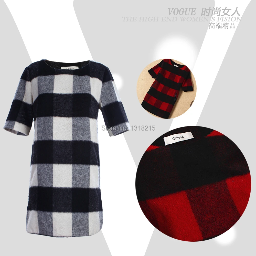 Europe station 2014 A/W fashion women's plaid print PU leather splicing short sleeve woolen dress ladies casual pencil | Женская