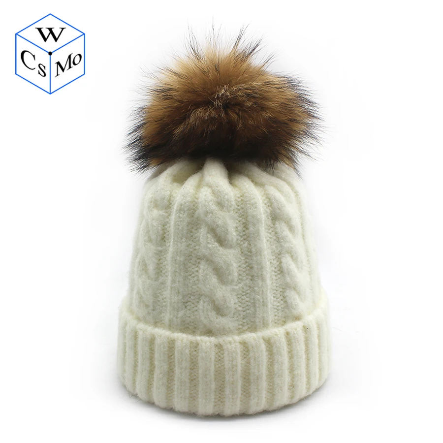 Зимние Шапки для Для женщин натуральный мех помпоном hat теплая шерсть мешковатые