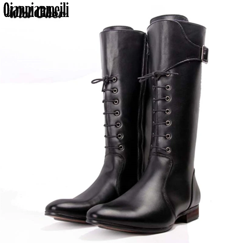 

2020 lace up High Boots Mens Black Military Boots Natural Cow Leather Men Long Waterproof Snowboots Equestrian Motocycle Boots