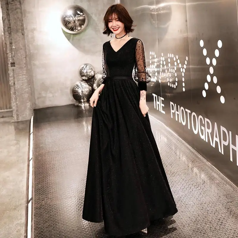 Robe De Soiree блестящее вечернее платье с длинными рукавами Черное в пол v образным
