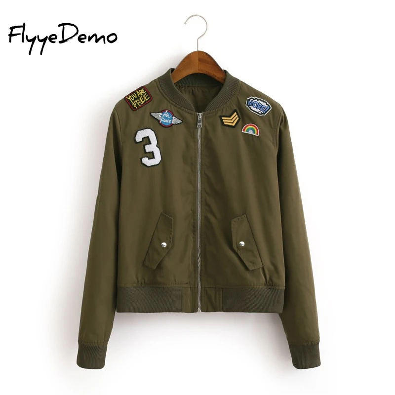 Женская куртка бомбер с вышивкой армейского зеленого цвета Женский летный