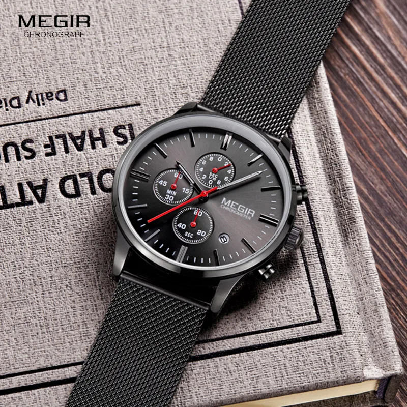 Часы Megir мужские с сетчатым браслетом из нержавеющей стали золотистые черные