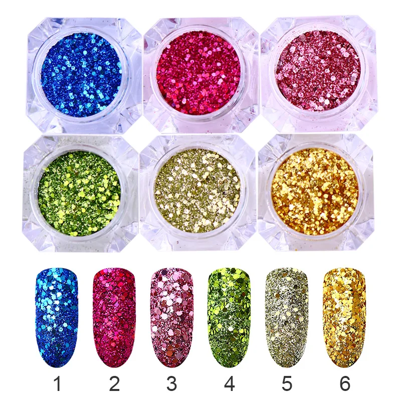 Хамелеон ногтей Блестящий Порошок шестиугольник радужные смешанные размеры