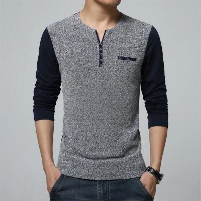 T210 Navy Blue Лидер продаж, осенняя мужская футболка, модная Лоскутная футболка с длинным рукавом, Мужская одежда, трендовая приталенная Повседневная футболка с пуговицами, 5XL - Цвет: T210 Navy Blue
