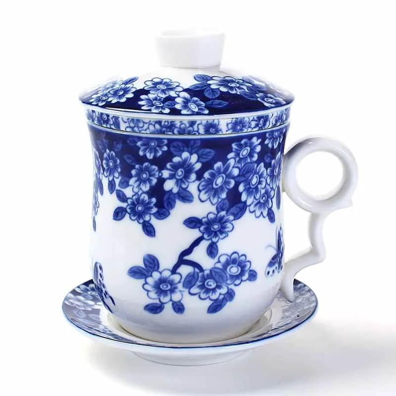 Фарфоровая керамическая офисная чашка из четырех частей сине-белая с крышкой