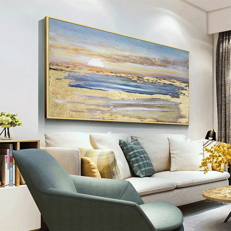 Beste Moderne Abstracte Sunrise Canvas Schilderijen Hand Geschilderd Landschap Gold Wall Art Foto 'S Voor Woonkamer Home Decor
