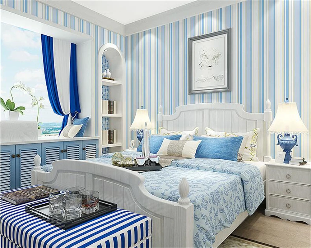 

beibehang Classic Mediterranean blue vertical stripes nonwoven papel de parede wallpaper Living room bedroom bedside background