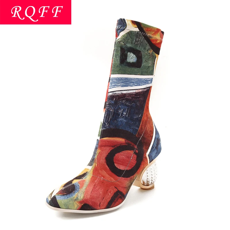 RQFF/брендовые ботинки женская обувь до середины икры на высоком каблуке женские