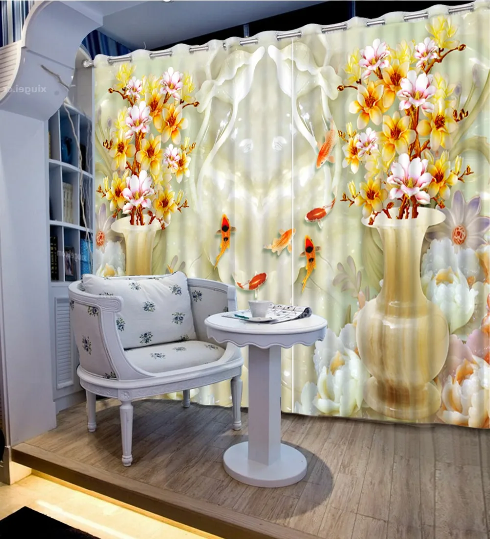 

3d home decor bedroom blackout curtains Magnolia flower vase jade carving curtains for living room 3d