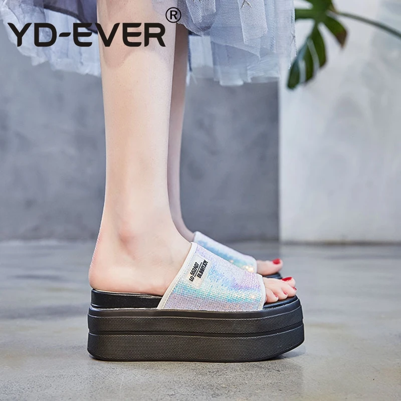YD-EVER (8 см) женская обувь из натуральной кожи Тапочки блестящие отделанные