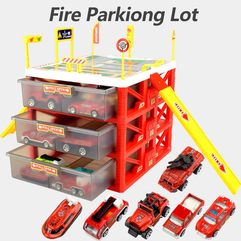 Fire Новинка, детские игрушки для машины, мини-парковка, 6 шт., коробка для хранения автомобилей, сделай сам, дорожные знаки, слот для автомобиля, модель игрушек для рождественского подарка - Цвет: Fire
