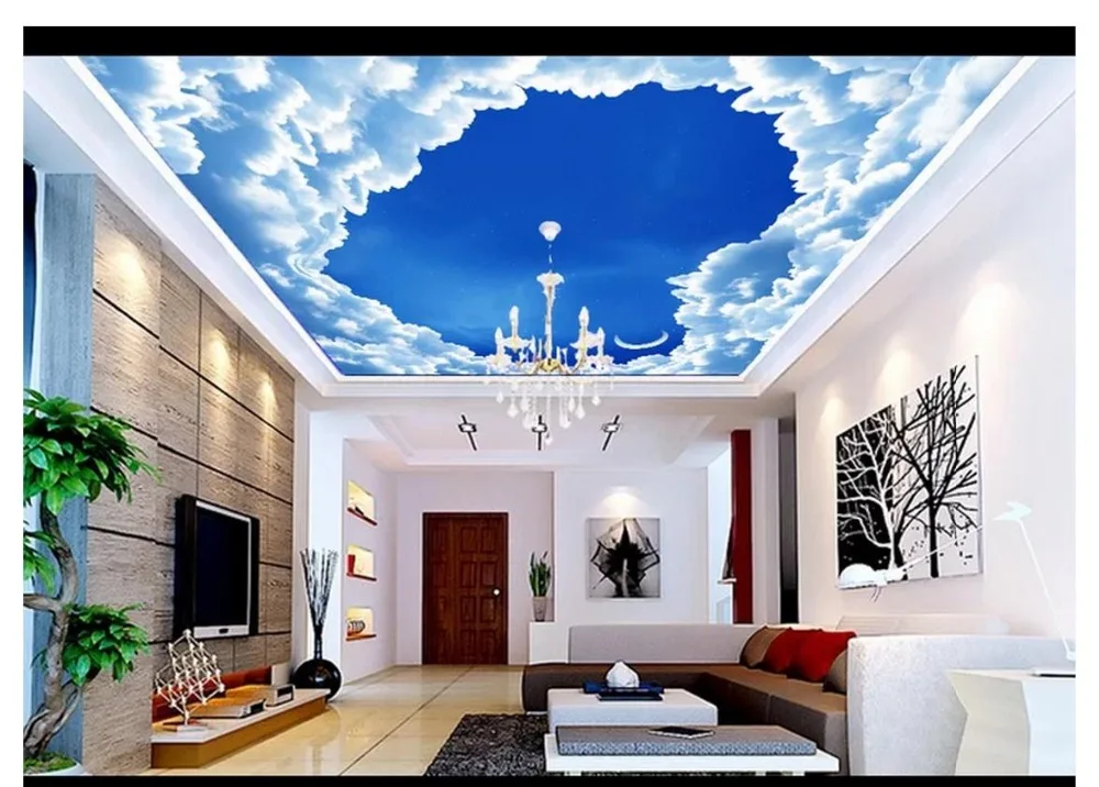 Пользовательские 3d потолочные обои небо Фреска солнце и голубое в форме сердца