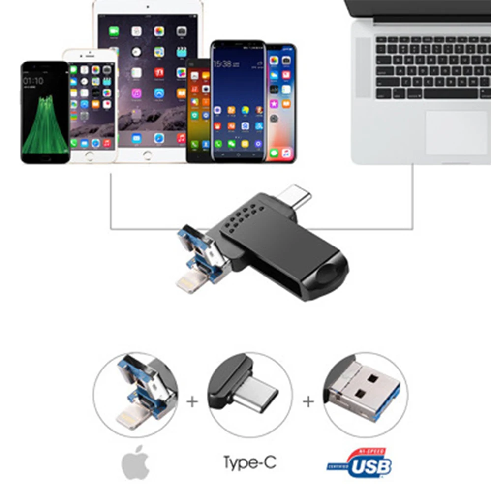 3,0 USB карта памяти флэш-накопитель 32 Гб 64 Гб 128 ГБ 256 Гб Внешняя память 3 в 1 для iPhone iPad iOS MacBook PC и type-C(Silve
