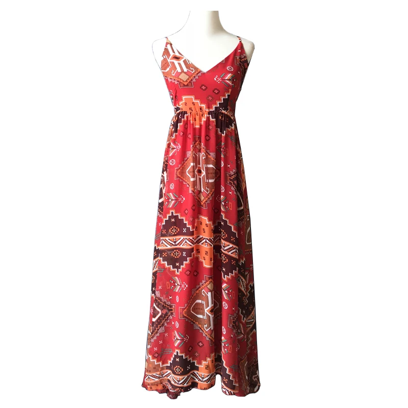 

PERHAPS U Red Bohemian Boho Print Geometric Strap Sleeveless Backless Cross Maxi Long Dress Summer Vocation Holiday Beach D0594