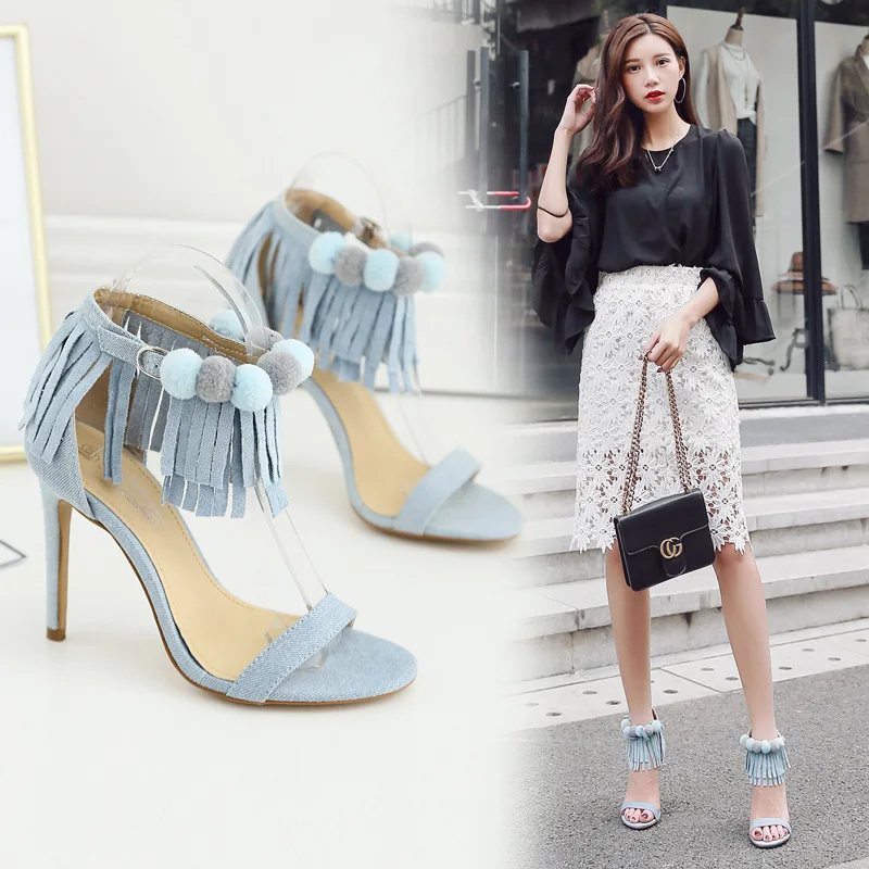 COWCOM 2018 весенние и летние джинсовые сандалии на высоком каблуке с кисточками