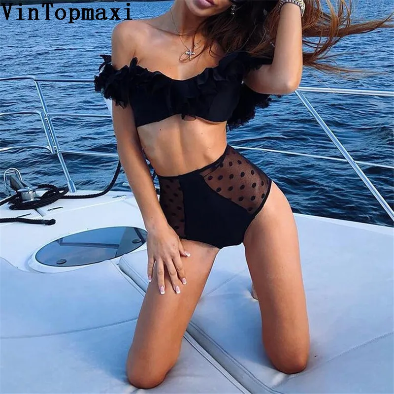 Женский купальник с открытыми плечами сетчатый оборками бикини высокой талией