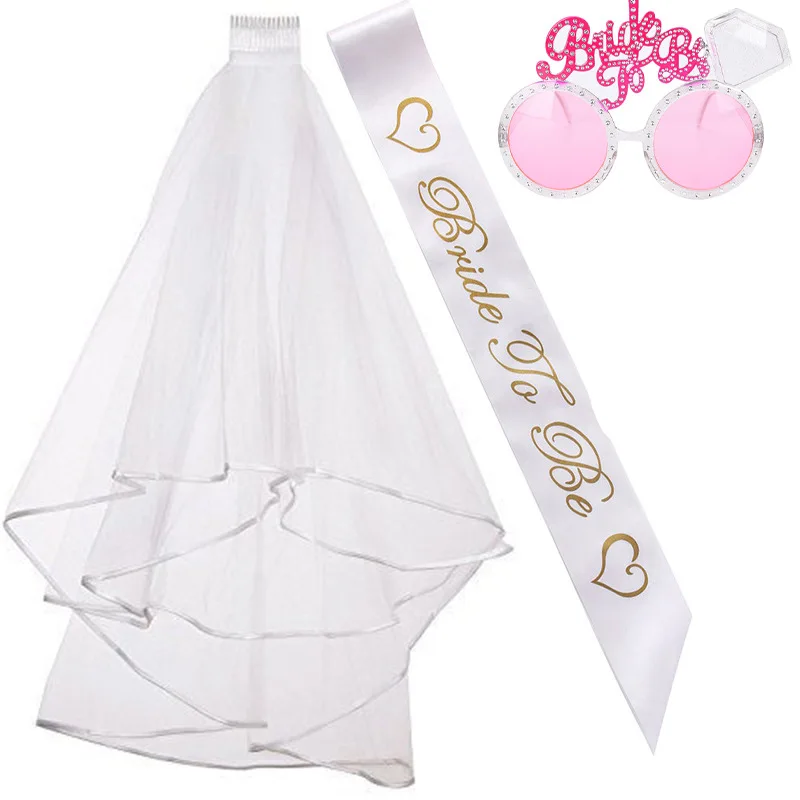 

1 Set White Bridal Wedding Veil Bride To Be Glasses Satin Sash Bachelorette Party girls Hen Party Bridal Shower Kit Decoration