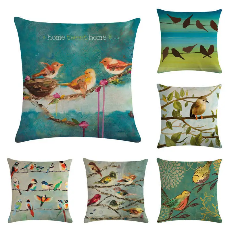 

Наволочка для подушки, с рисунком масляных красок, с птицами, льняная наволочка для дивана, автомобильной подушки, украшение для дома, 45x45 см,...