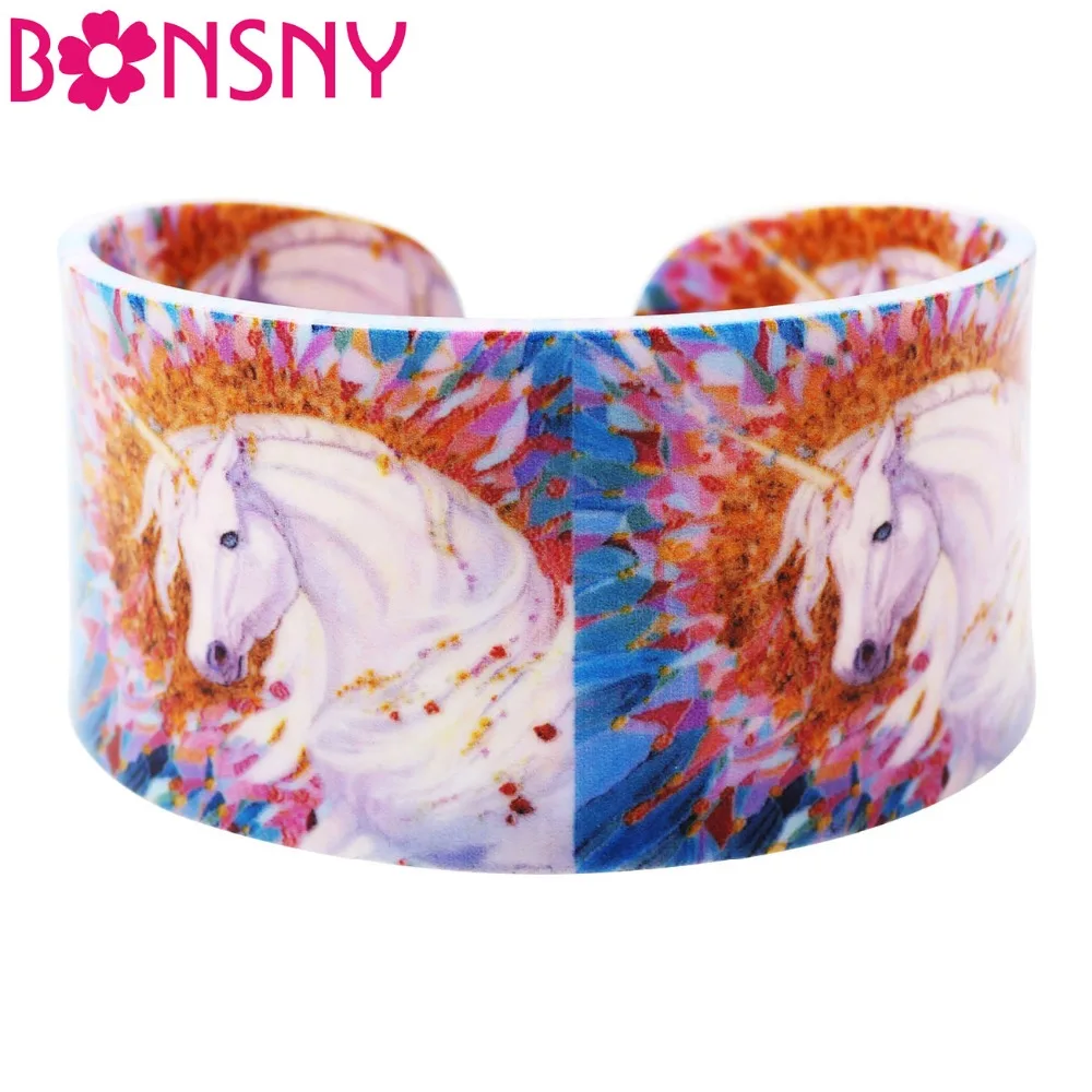 Женский широкий браслет Bonsny с белой лошадью единорогом акриловой вставкой
