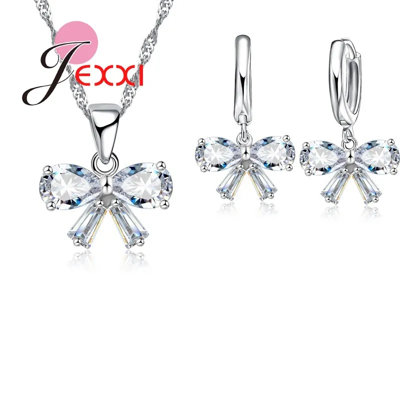 Elegant Wedding Birthday Gifts For Women Beautiful Silver Chain Necklace Clear Bowknot Crystal Charm Earrings Jewelry Set | Украшения и