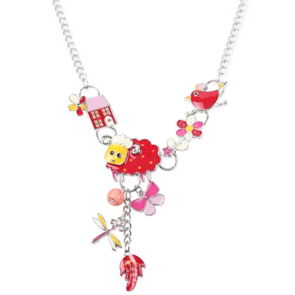 WEVENI Массивное колье с эмалью стрекозой листом овечкой кулоном цепочным