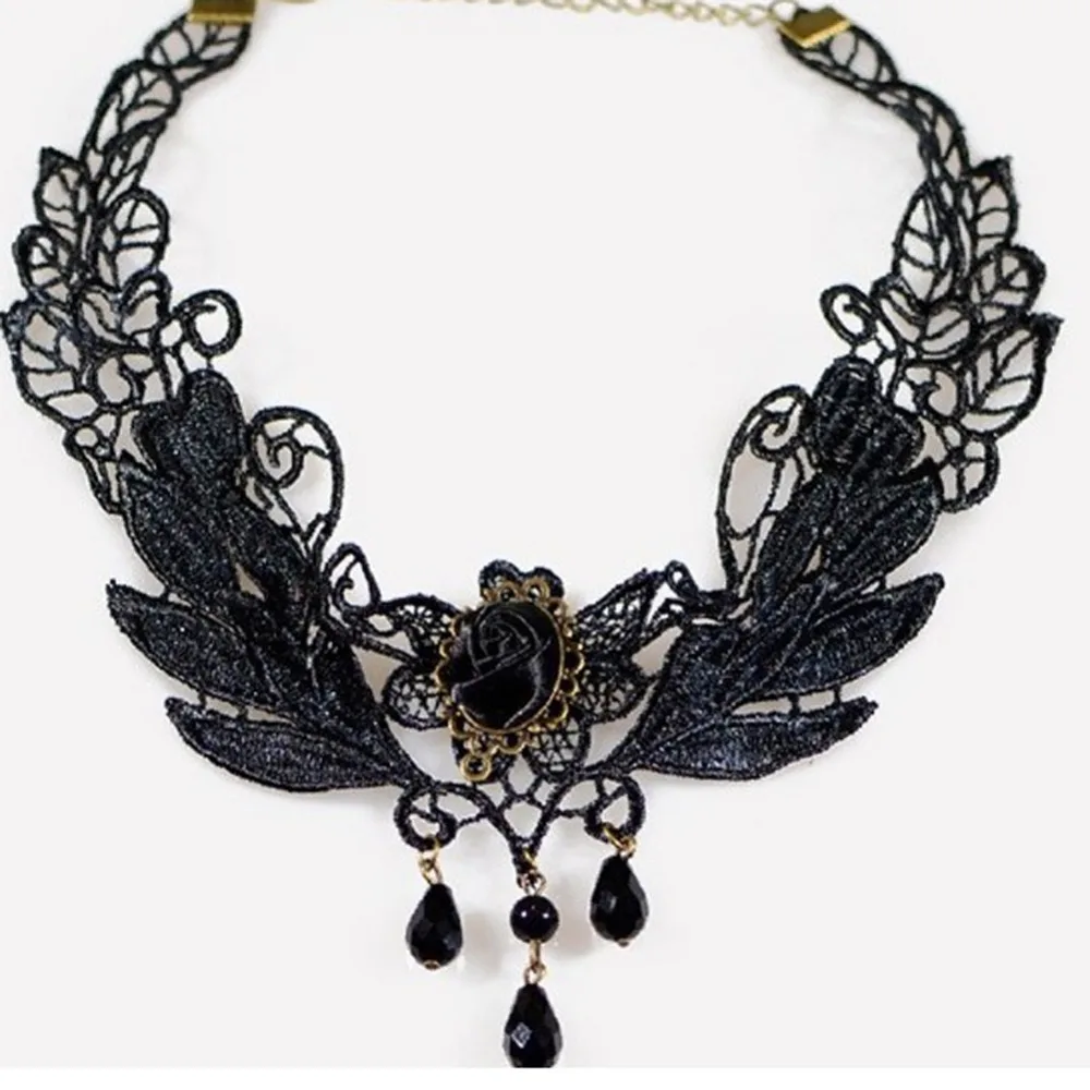 Готическое винтажное Черное Кружевное колье с цветком бусы подвеска кисточкой
