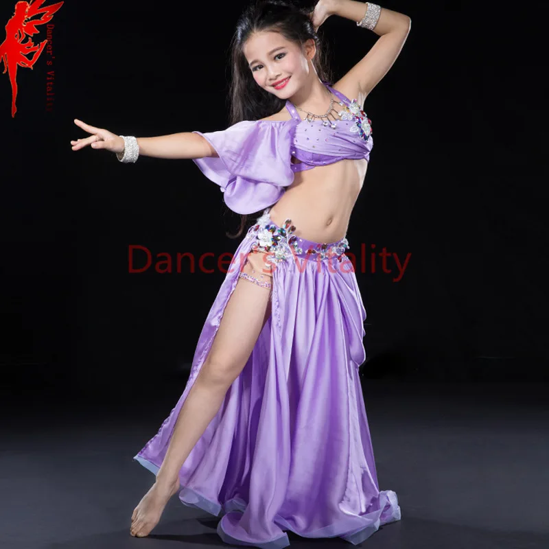 luxury silk dress handmade beaded belly dance costume girl 3 piece set for children internship performance skirt red royal blue |