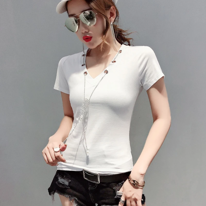 2019 Women summer solid color v-neck fashion chain short-sleeved t-shirt Slim sexy versa Casual Short Tee Top Vest | Женская одежда