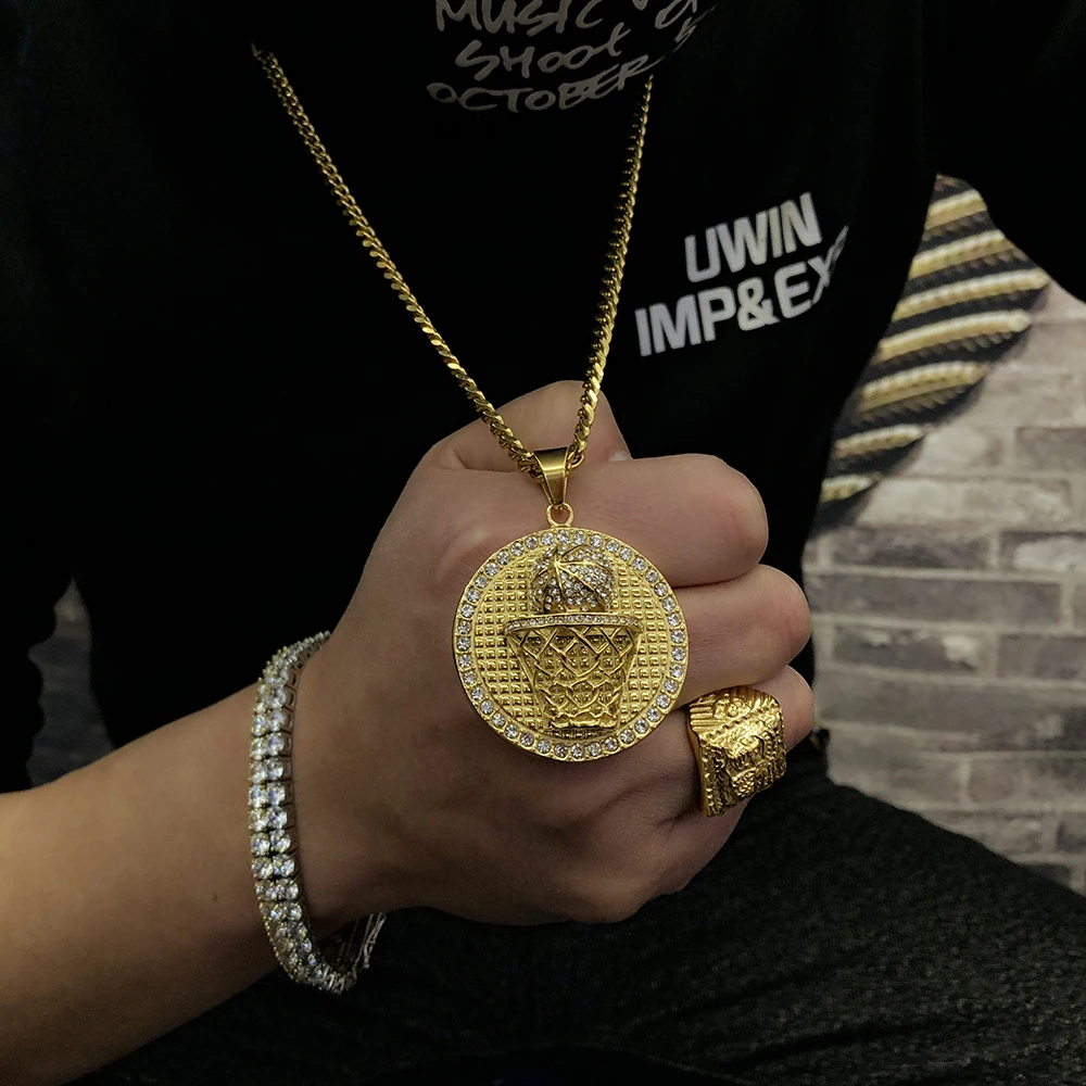UWIN Gold Stainless Steel Basketball Rim Hoop Pendant Iced Out Rhinestone Ball Sport Necklace Men Hip Hop Fashion Jewelry | Украшения и