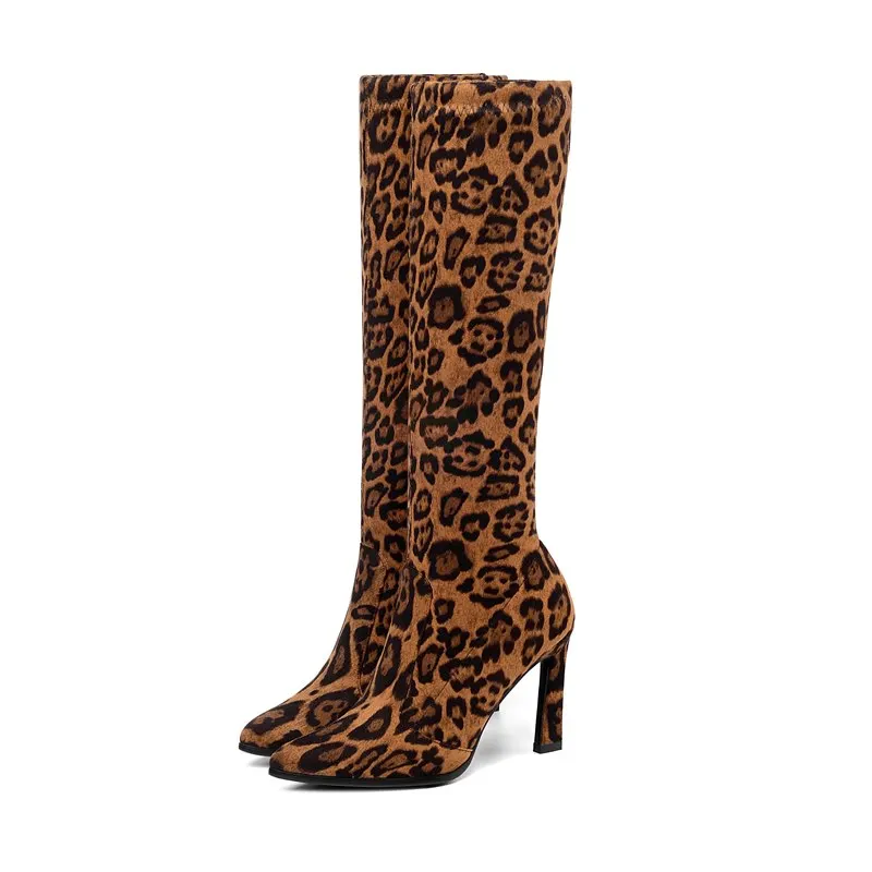 Leopard brown MORAZORA/11 цветов; женские ботинки; сапоги из искусственной замши на тонком высоком каблуке; сезон осень-зима; пикантные полусапожки до середины икры; женская обувь - Цвет: Leopard brown