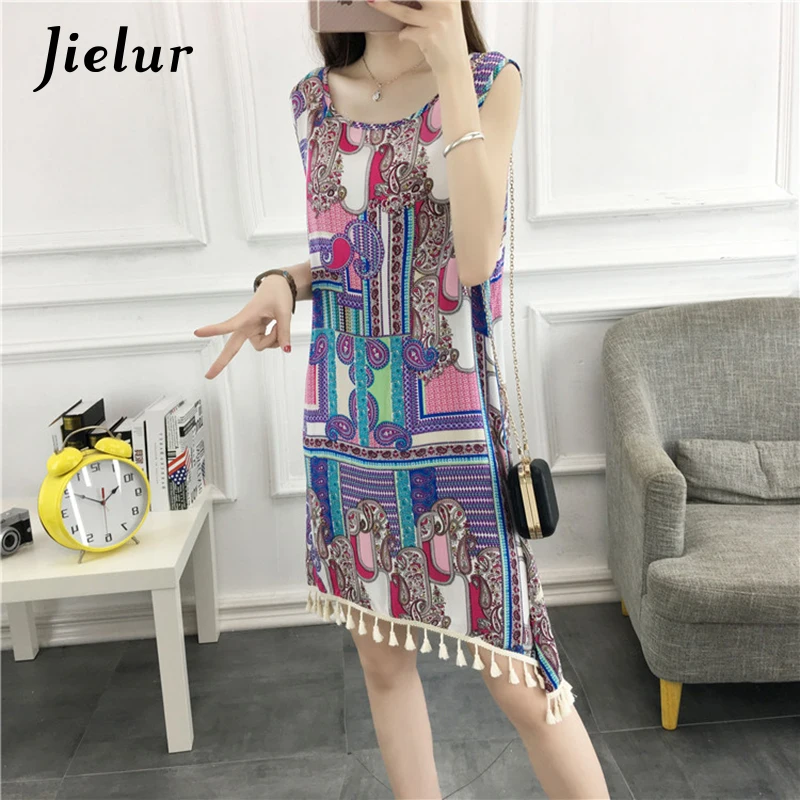 Jielur 2018 модный принт платья без рукавов Летнее женское платье повседневное Boho