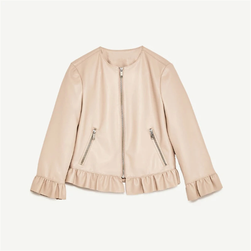 Зои салдана 2019 осень искусственная PU пальто с круглым вырезом три четверти рукав