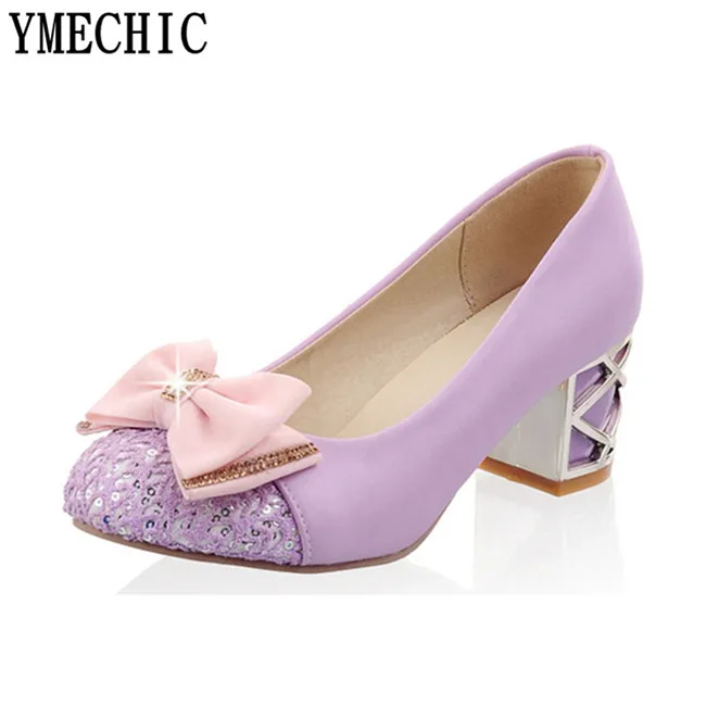 Туфли лодочки YMECHIC розовые фиолетовые на среднем массивном каблуке блестящие