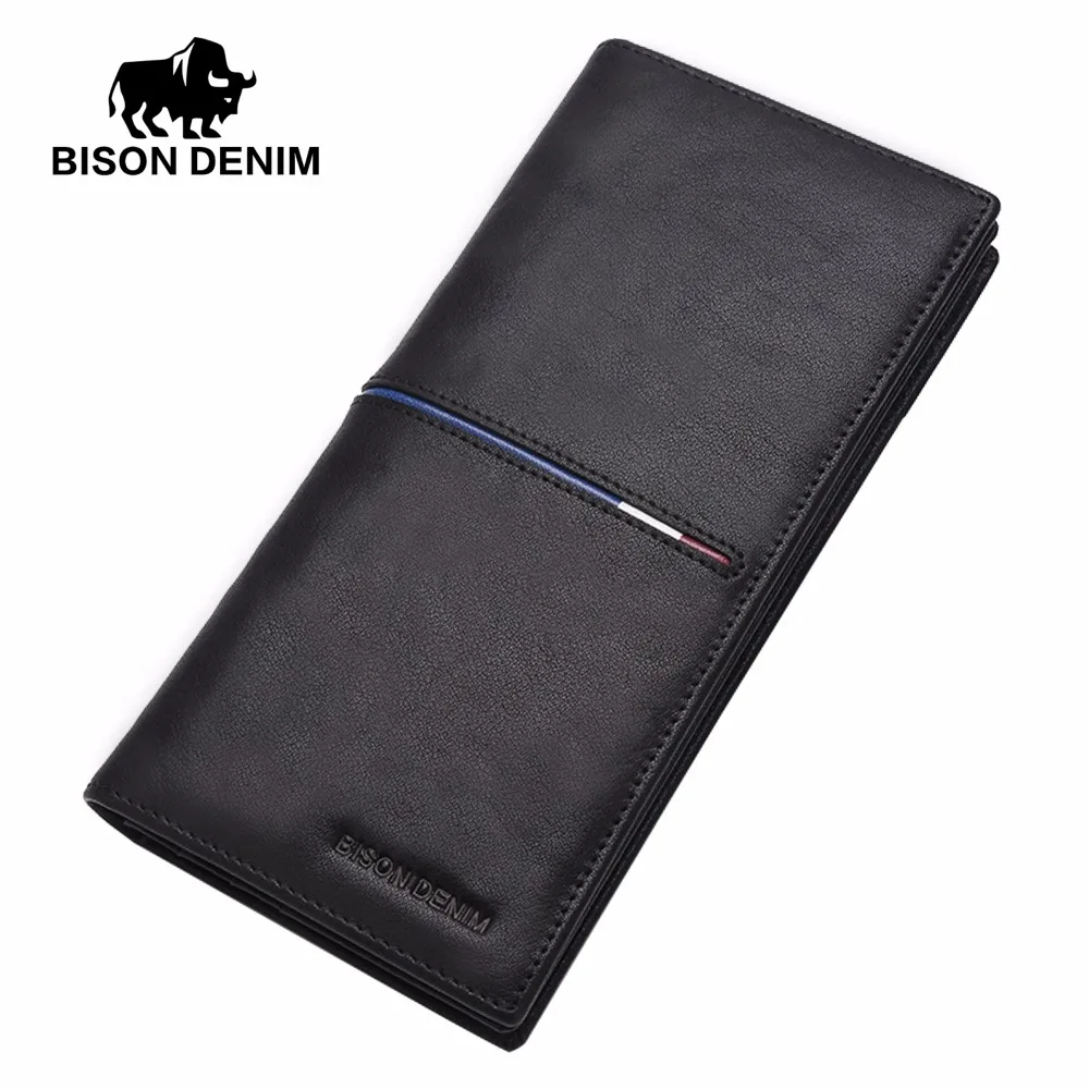Мужской кошелек BISON DENIM черный длинный тонкий из натуральной кожи с отделением