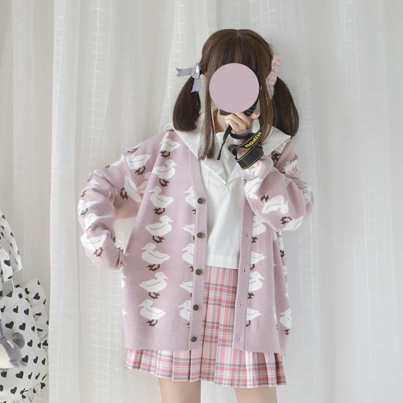 Симпатичные Pattern утка Для женщин вязаный свитер японский Мори девушки осень