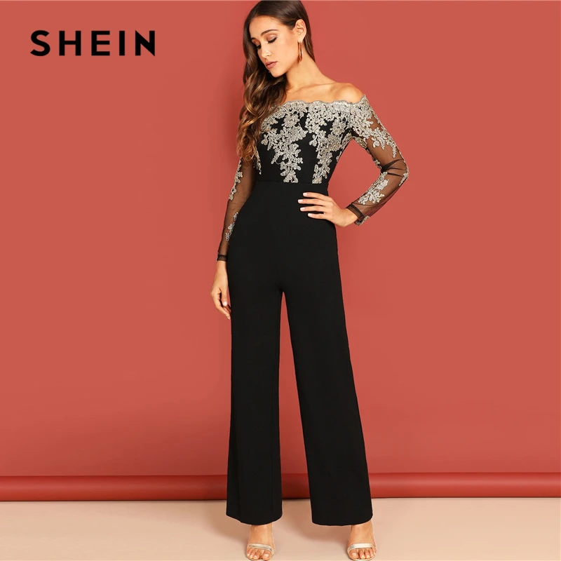 SHEIN Комбинезон С Вышивкой И Открытыми Плечами Женский Летний Черный Элегантный Комбинезон С Длинными Рукавами