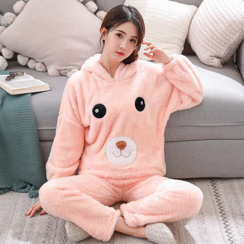 JINUO, коралловый флис, женские пижамные комплекты, с капюшоном, плюшевая Пижама, наборы, Осень-зима, теплые, животные, домашняя одежда, наборы, одежда для сна