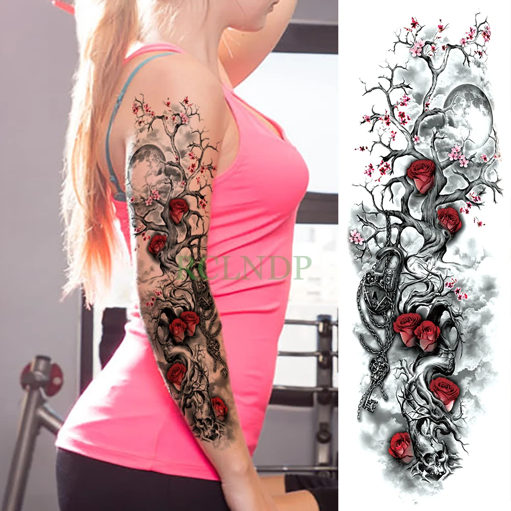 

Waterproof Temporary Tattoo Sticker Rose Plum Blossom Full Arm Fake Tatto Flash Tatoo Sleeve Large Size for Men Women Girl Lady