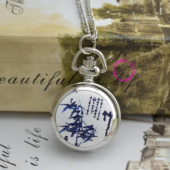 

wholesale pocket watch necklace women good quality nice new silver colorful bamboo fob watches drawing hour clock antibrittle