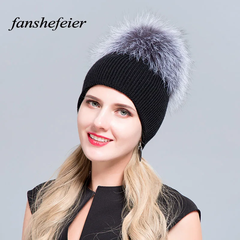 Fanshefeier натуральный мех енота помпон однотонные горнолыжные шапки зимние шапочки